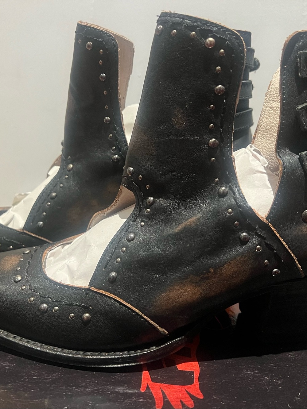 freebird Melody Black Studded Ankle Boots with Distressed Brown Accents